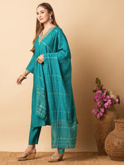 Teal Viscose Chanderi Embroidered  Kurti With Pant Dupatta