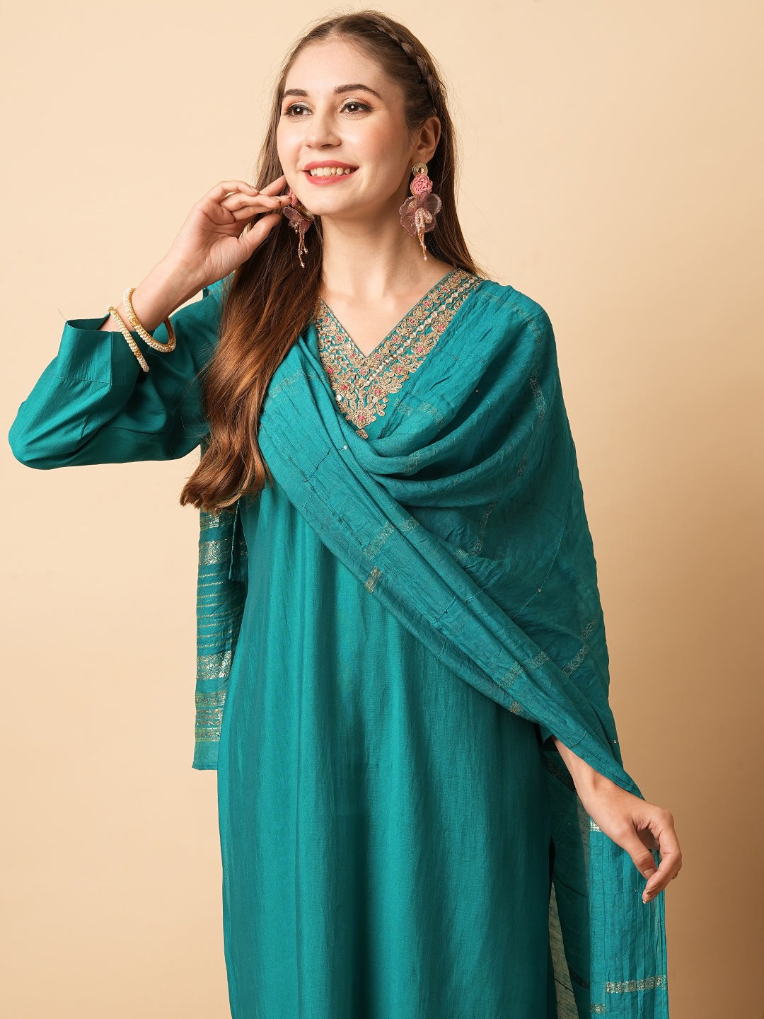 Teal Viscose Chanderi Embroidered  Kurti With Pant Dupatta