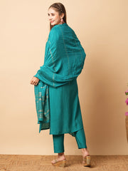 Teal Viscose Chanderi Embroidered  Kurti With Pant Dupatta