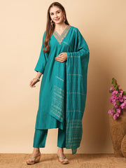 Teal Viscose Chanderi Embroidered  Kurti With Pant Dupatta