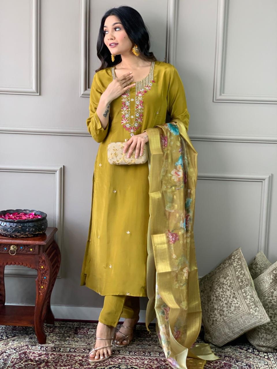 Mustard Yellow Viscose Chanderi Embroidered  Kurti With Pant Dupatta