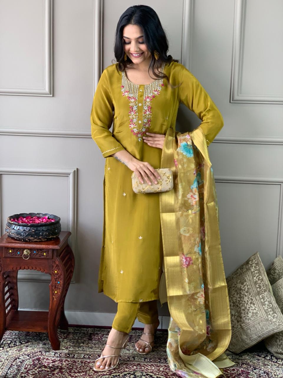 Mustard Yellow Viscose Chanderi Embroidered  Kurti With Pant Dupatta