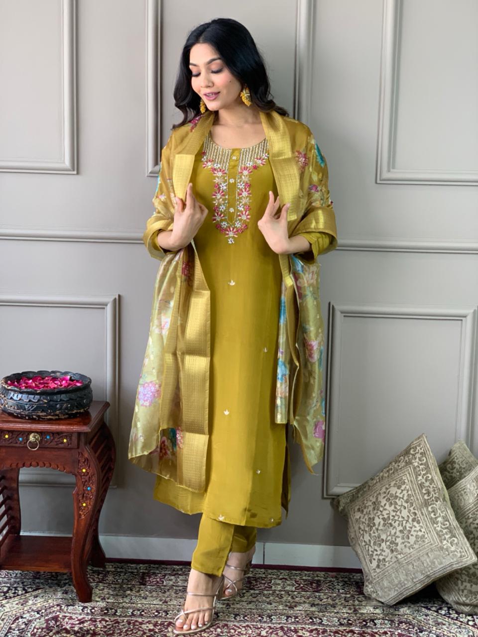 Mustard Yellow Viscose Chanderi Embroidered  Kurti With Pant Dupatta