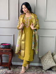 Mustard Yellow Viscose Chanderi Embroidered  Kurti With Pant Dupatta