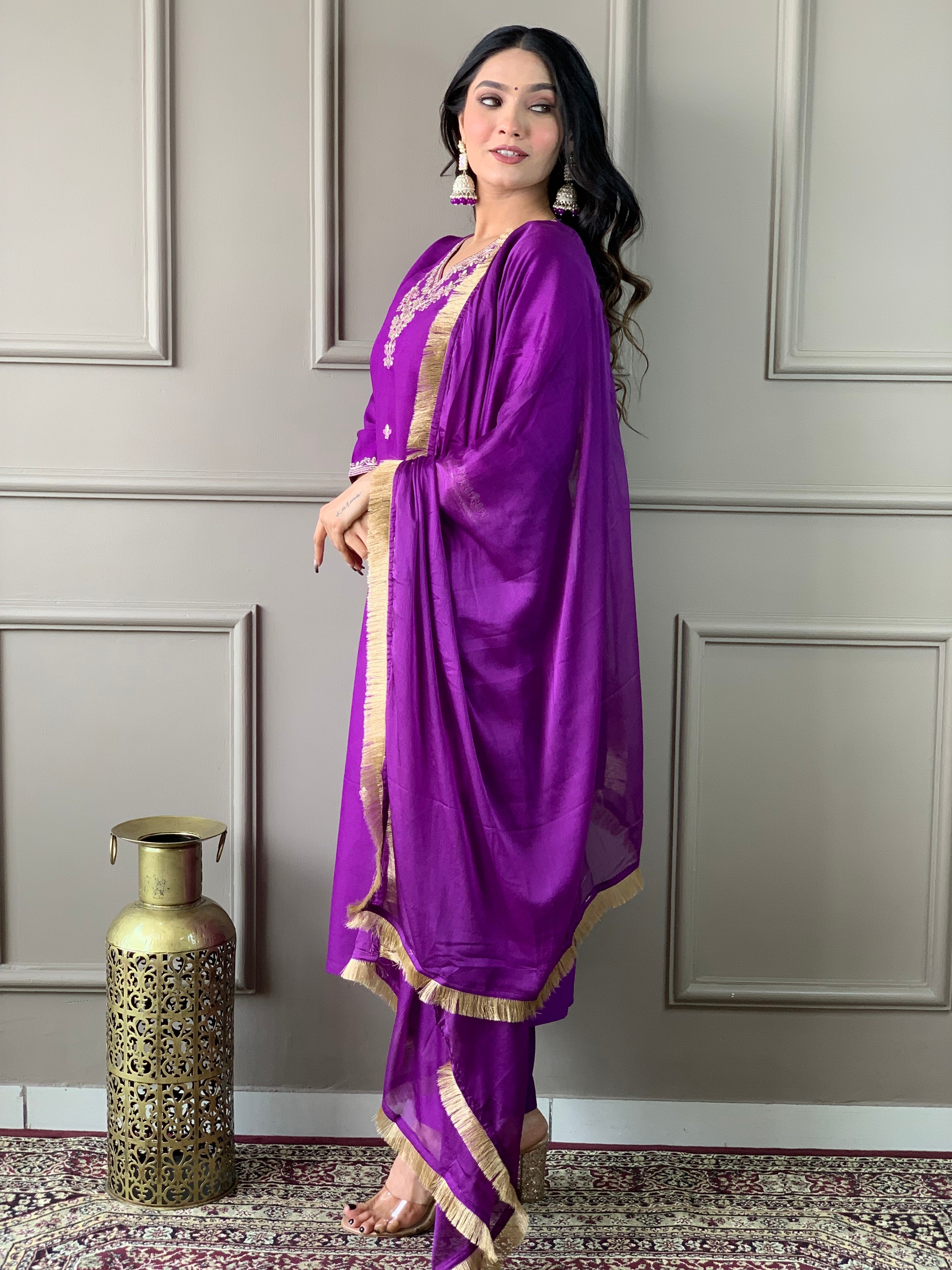 Purple Viscose Chanderi Embroidered  Kurti Pant Dupatta