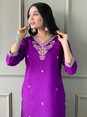 Purple Viscose Chanderi Embroidered  Kurti Pant Dupatta