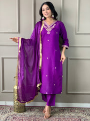 Purple Viscose Chanderi Embroidered  Kurti Pant Dupatta