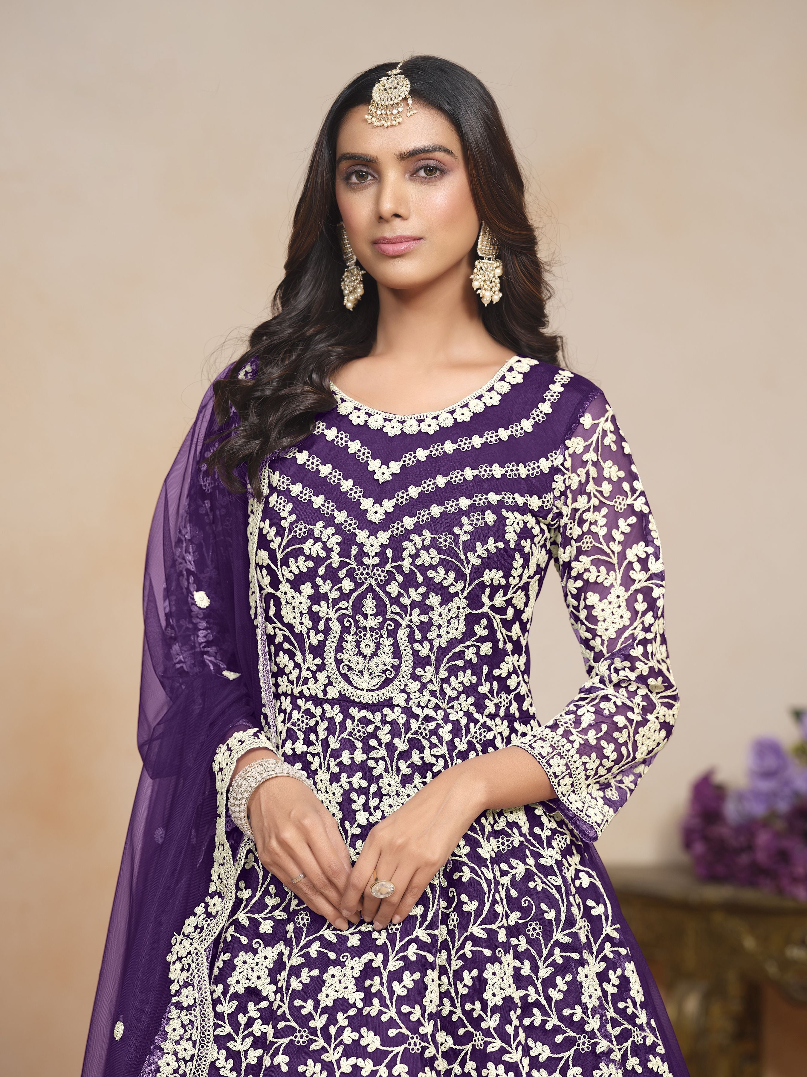 Purple Net Embroidered  Anarkali Kurti With Pant Dupatta