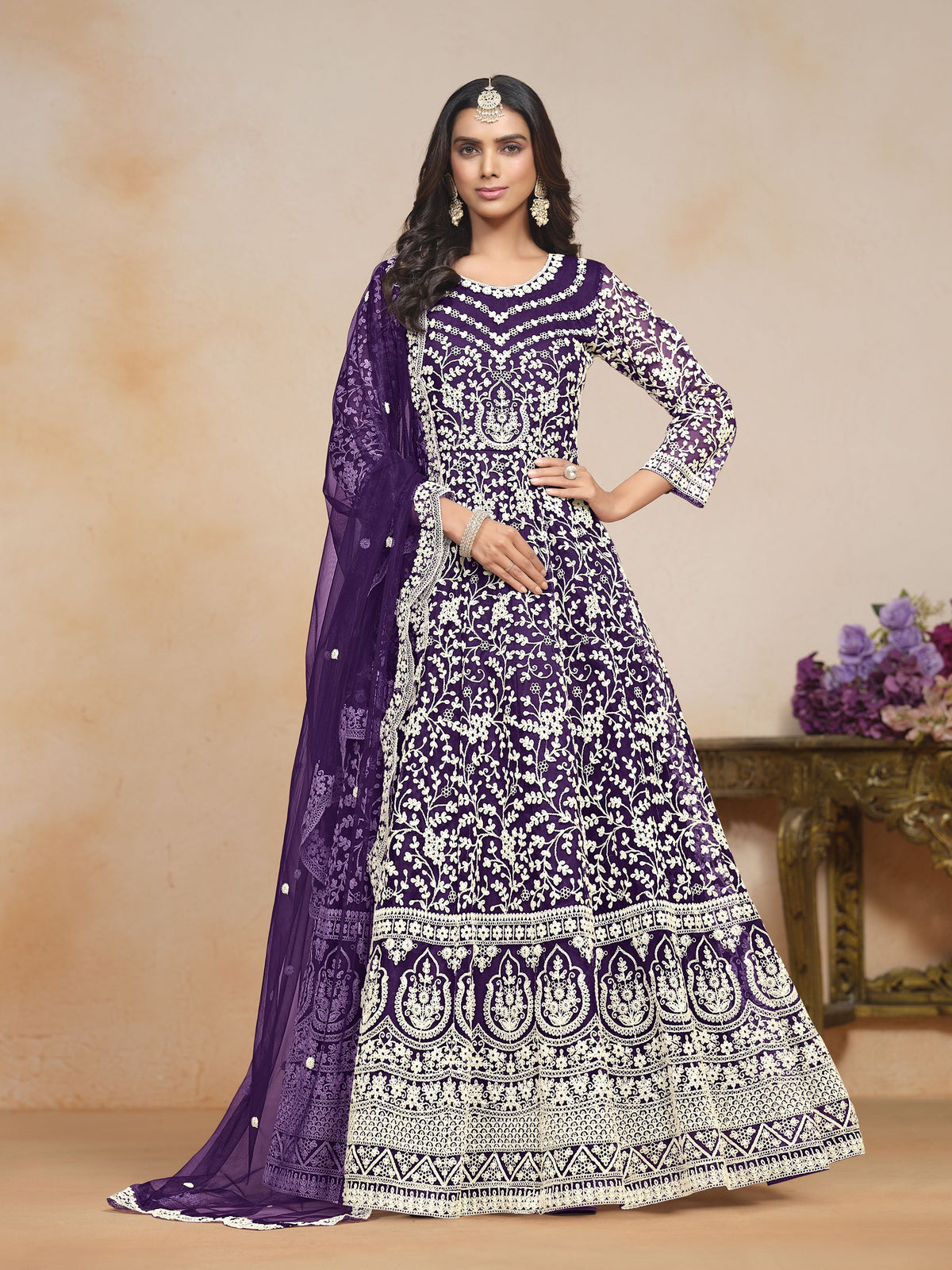 Purple Net Embroidered  Anarkali Kurti With Pant Dupatta