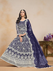 Blue Net Embroidered  Anarkali Kurti With Pant Dupatta