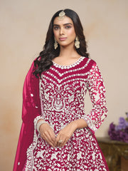 Anarkali Kurti brodé en filet rose avec pantalon Dupatta