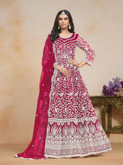 Anarkali Kurti brodé en filet rose avec pantalon Dupatta