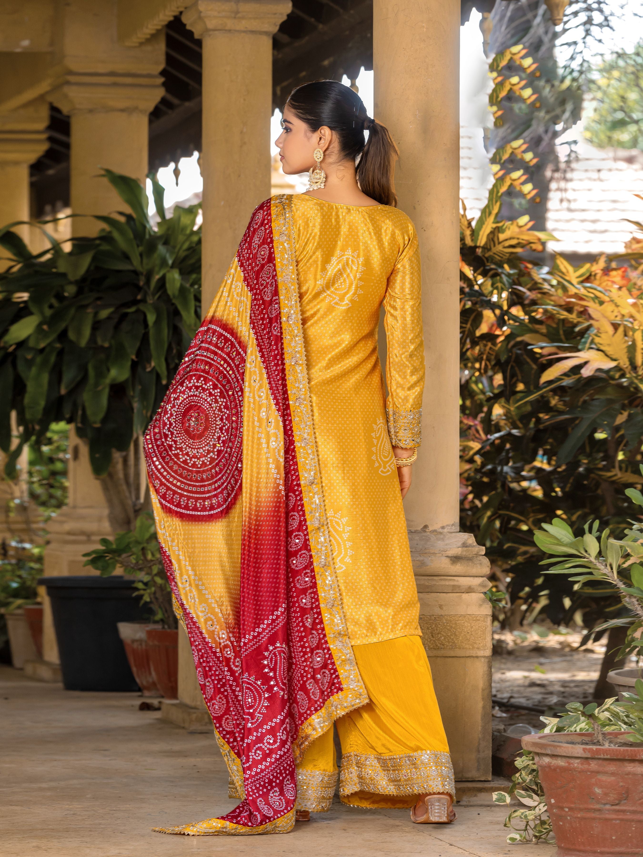 Yellow Chinon Bandhani Embroidered  Kurti With Sharara Dupatta