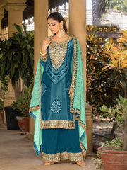 Teal Chinon Bandhani Embroidered  Kurti With Sharara Dupatta