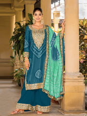 Teal Chinon Bandhani Embroidered  Kurti With Sharara Dupatta