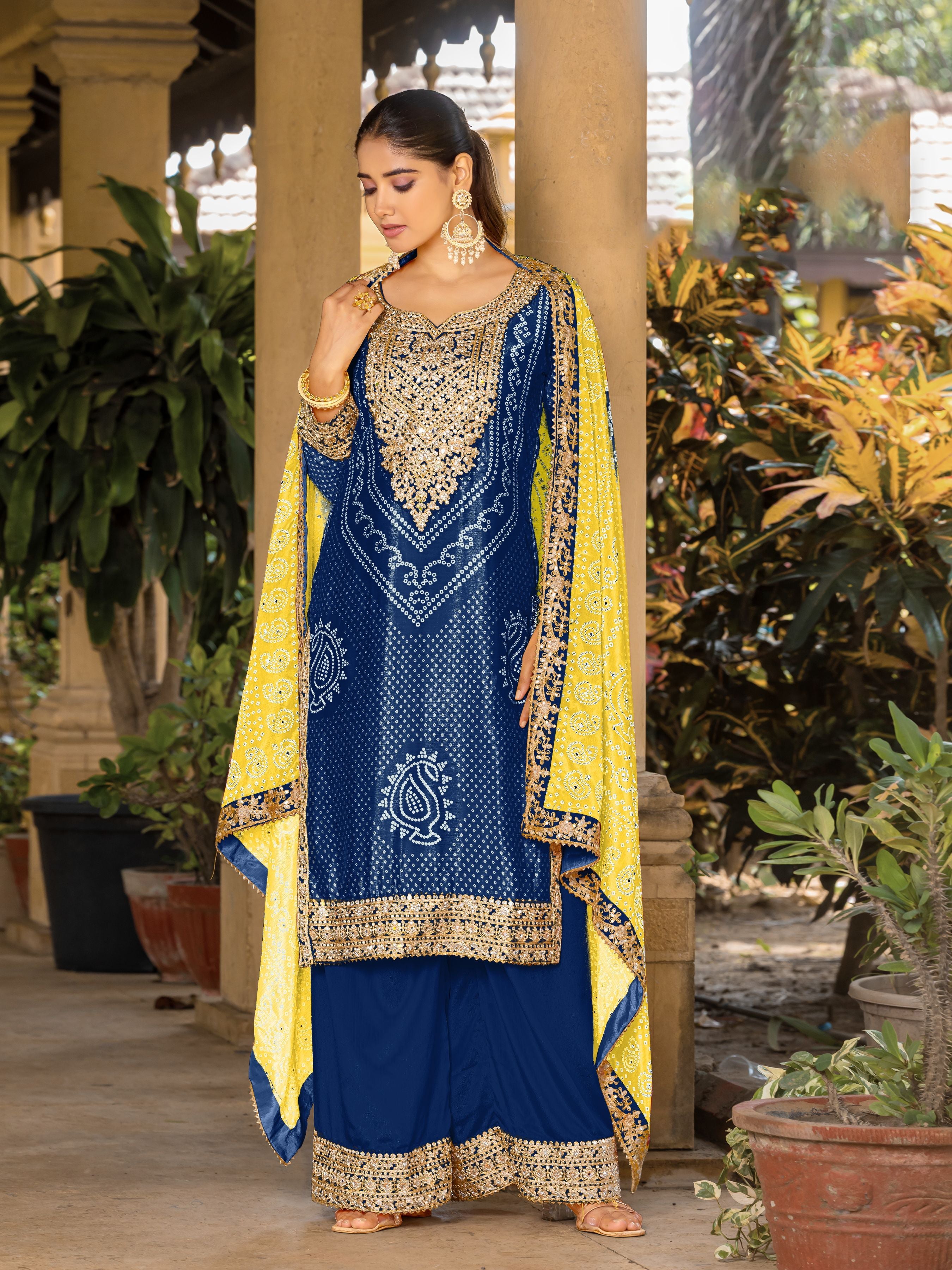 Blue Chinon Bandhani Embroidered  Kurti Sharara Dupatta