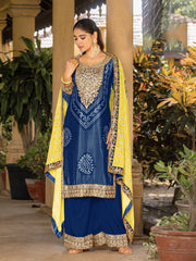 Blue Chinon Bandhani Embroidered  Kurti Sharara Dupatta