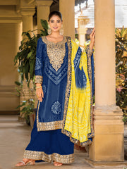 Blue Chinon Bandhani Embroidered  Kurti Sharara Dupatta