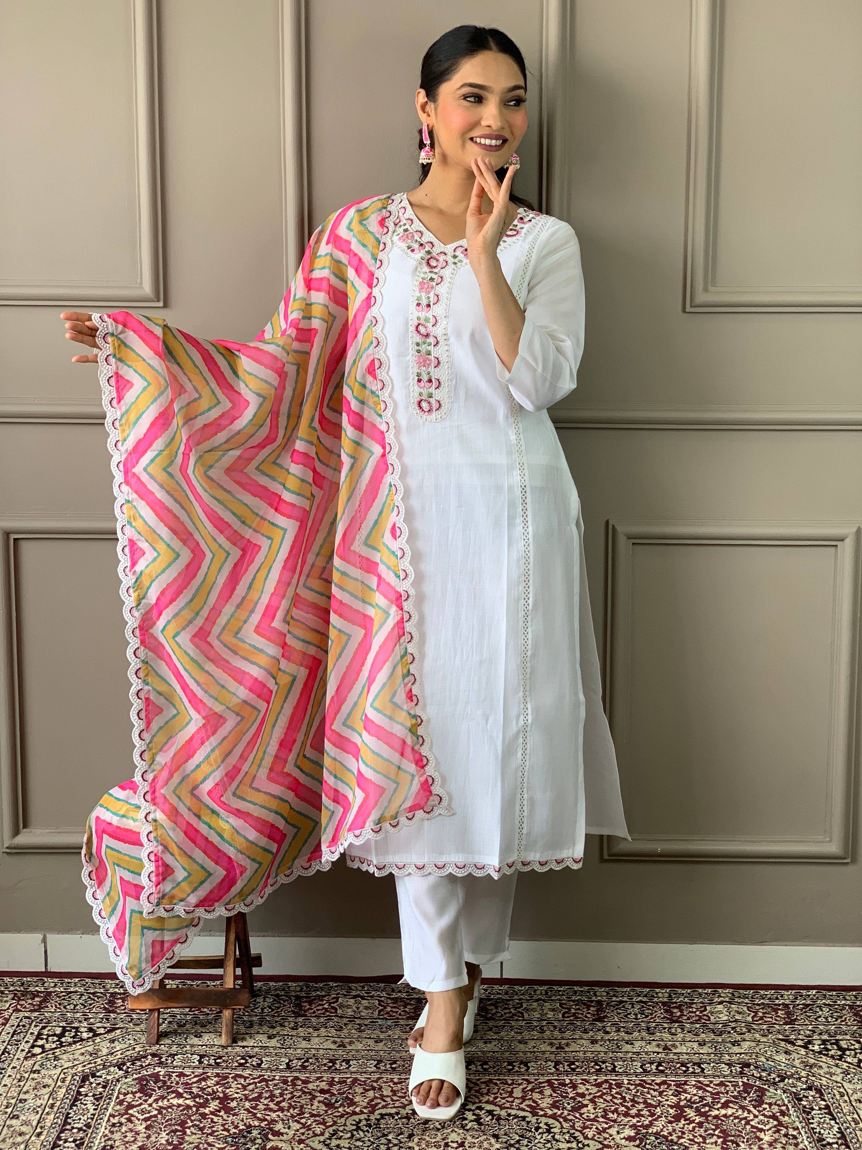 Pantalon Kurti brodé Chanderi en viscose blanche Dupatta