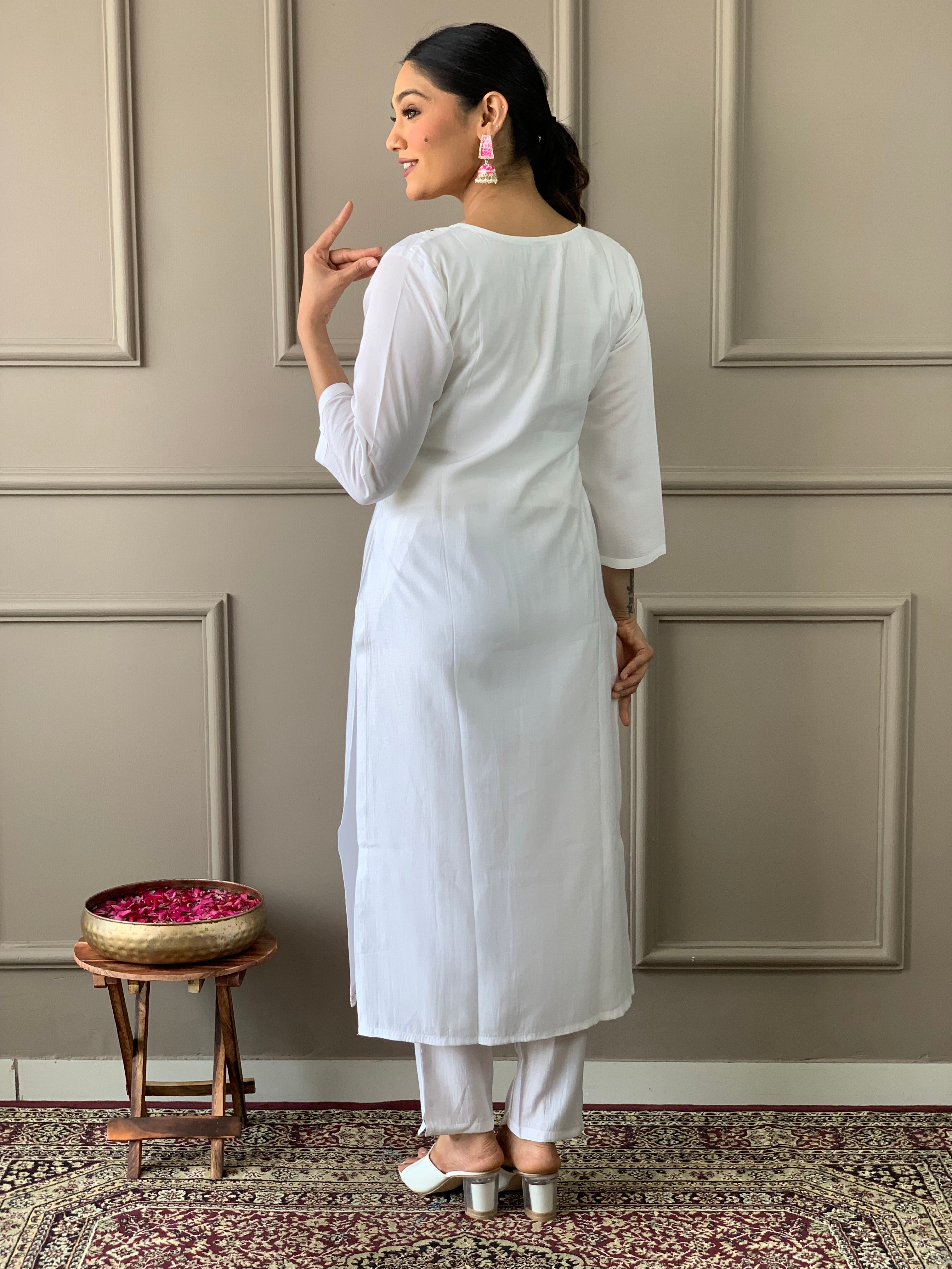 Pantalon Kurti brodé Chanderi en viscose blanche Dupatta