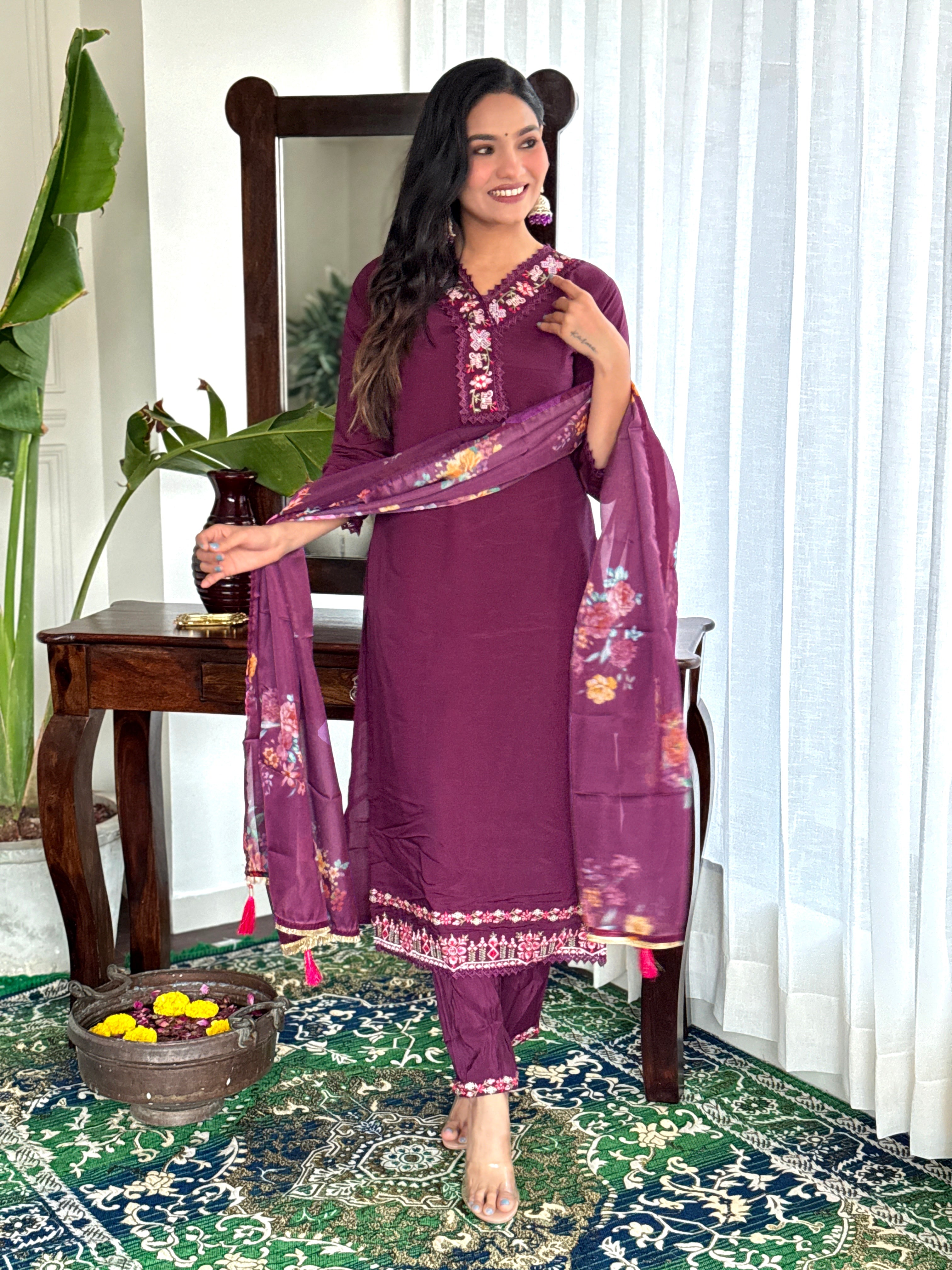 Burgundy Chanderi Embroidered  Kurti With Pant Dupatta