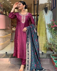 Burgundy Viscose Rayon Embroidered  Kurti With Pant Dupatta