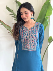 Teal Blue Viscose Chanderi Embroidered  Kurti Pant Dupatta