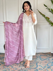 White  Chanderi Embroidered  Kurti With Pant Dupatta