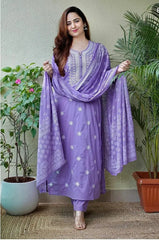 Lavender Cotton Embroidered  Kurti With Pant Dupatta