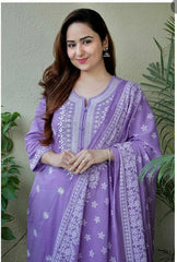 Lavender Cotton Embroidered  Kurti With Pant Dupatta