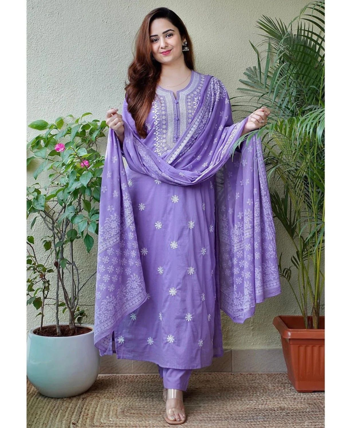 Lavender Cotton Embroidered  Kurti With Pant Dupatta