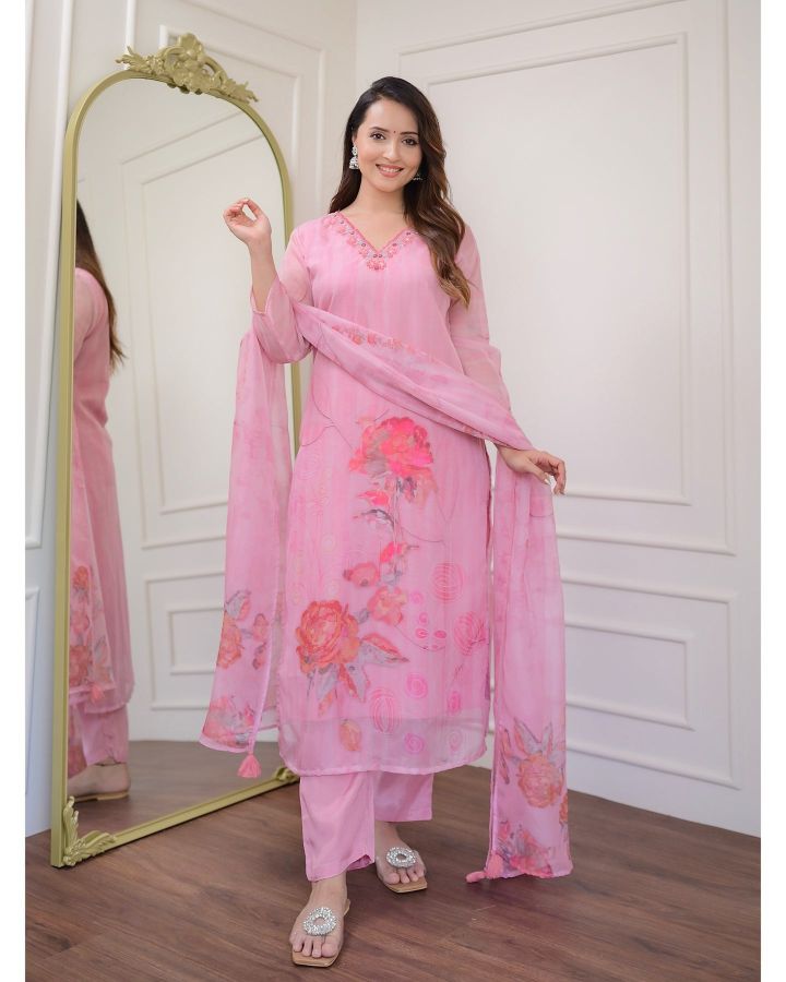 Pink Organza Embroidered  Kurti With Pant Dupatta