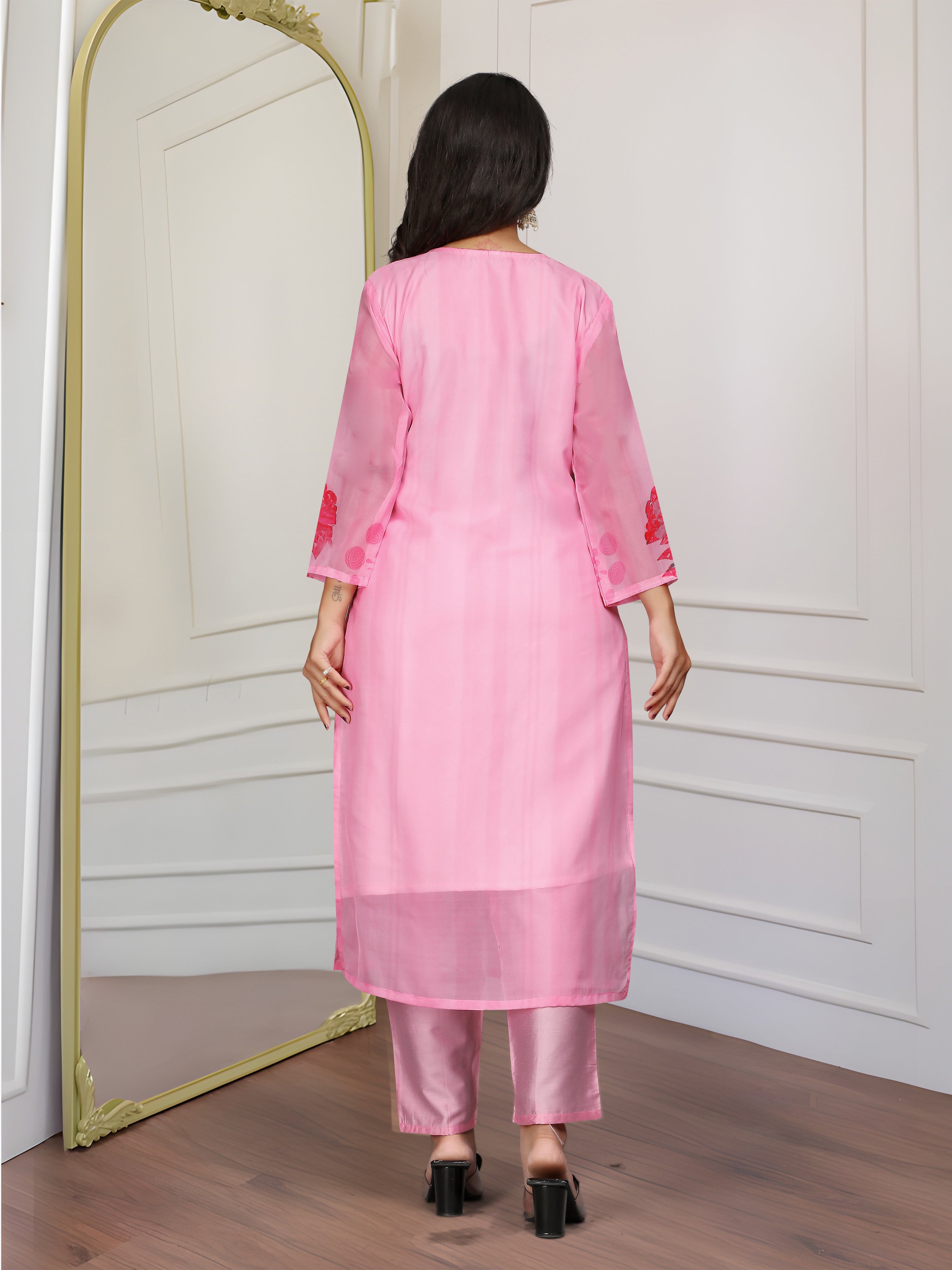 Pink Organza Embroidered  Kurti With Pant Dupatta