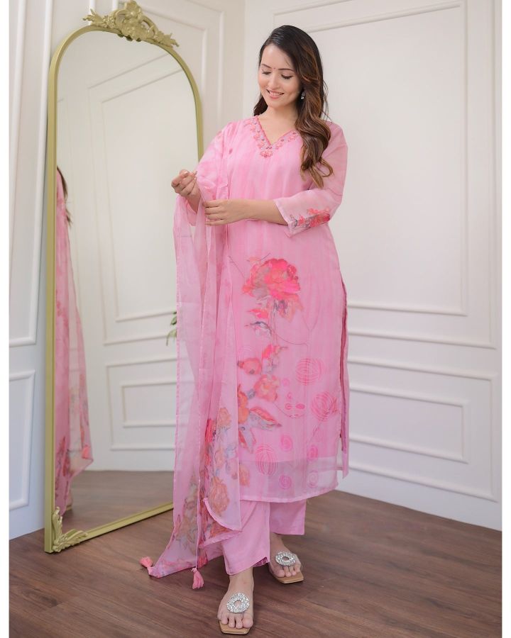 Pink Organza Embroidered  Kurti With Pant Dupatta