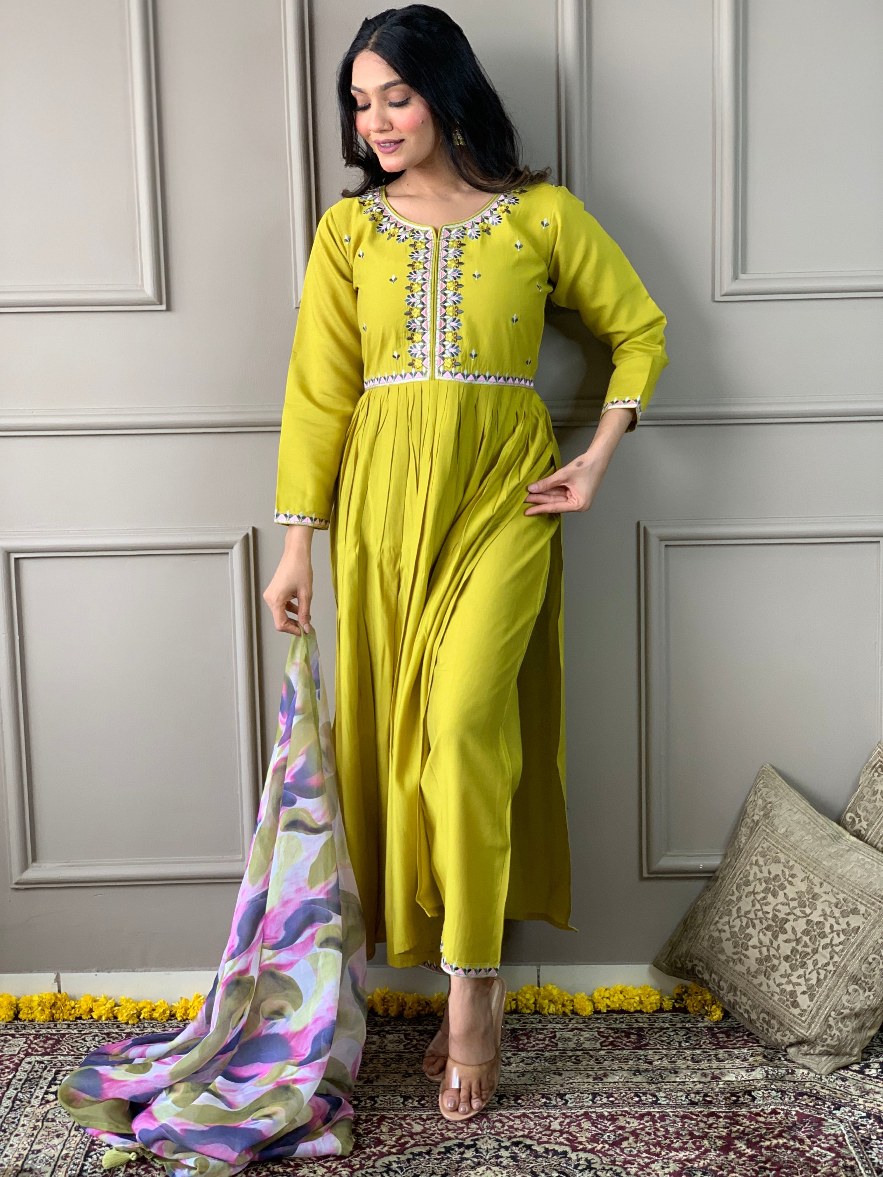 Chanderi en viscose citron Kurti brodé avec pantalon Dupatta