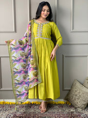 Chanderi en viscose citron Kurti brodé avec pantalon Dupatta