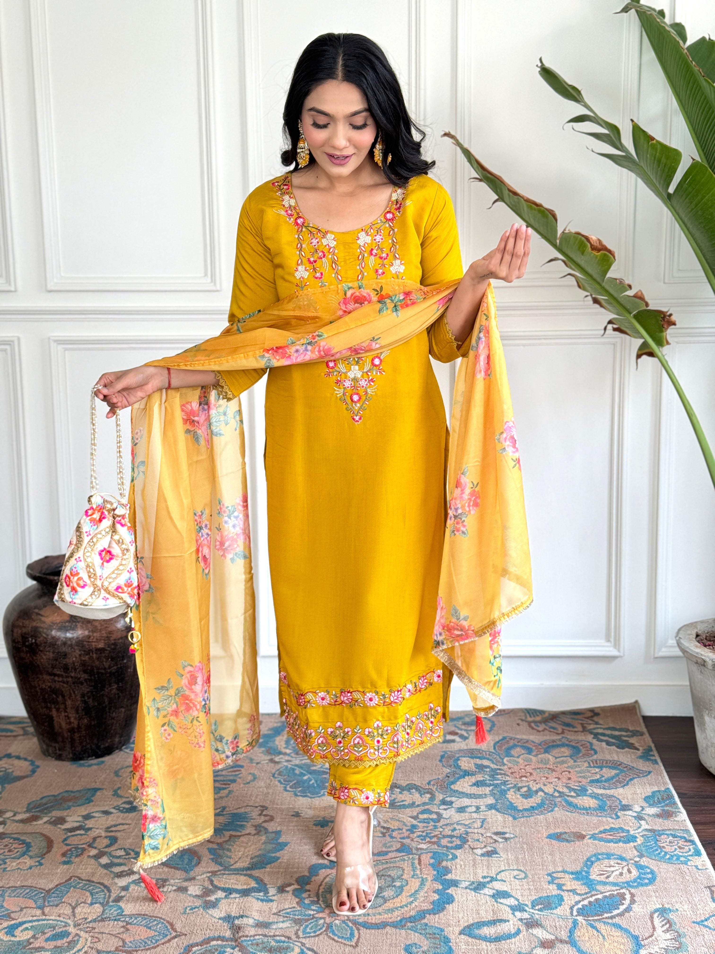 Mustard Chanderi Embroidered  Haldi Special Kurti With Pant Dupatta