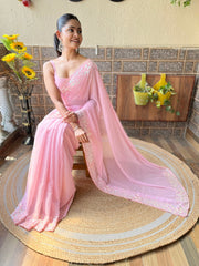 Baby Pink Georgette Sequins Embroidered Saree