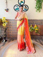 Yellow Georgette Pedding Emroidered Saree