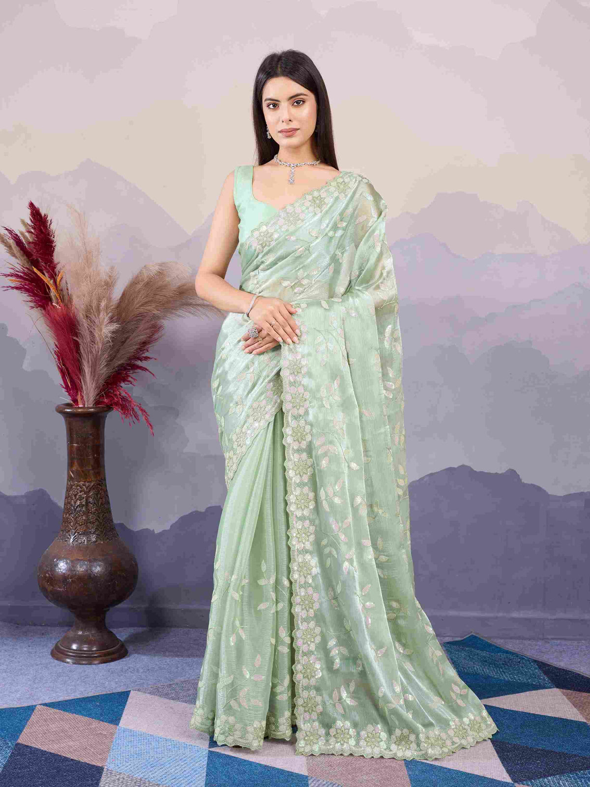 Pista Burberry Silk Sequins Embroidered Saree