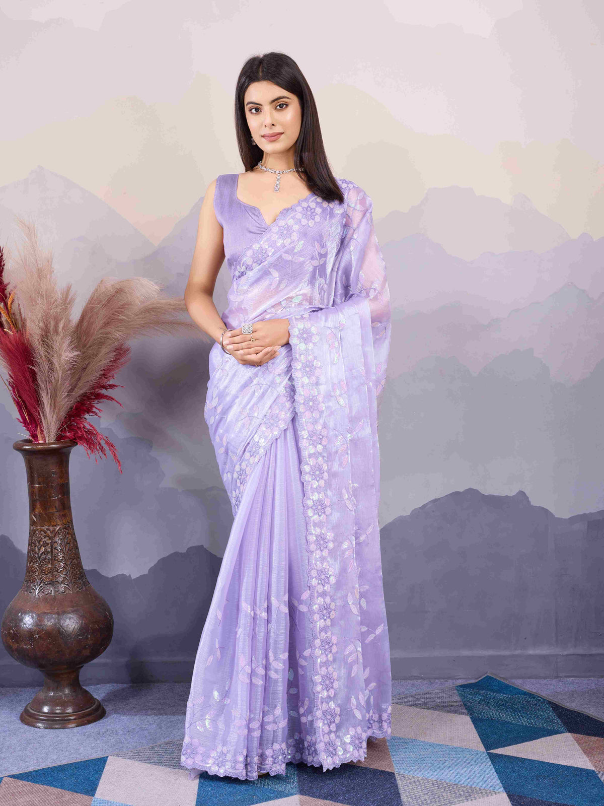 Lavender Burberry Silk Sequins Embroidered Saree