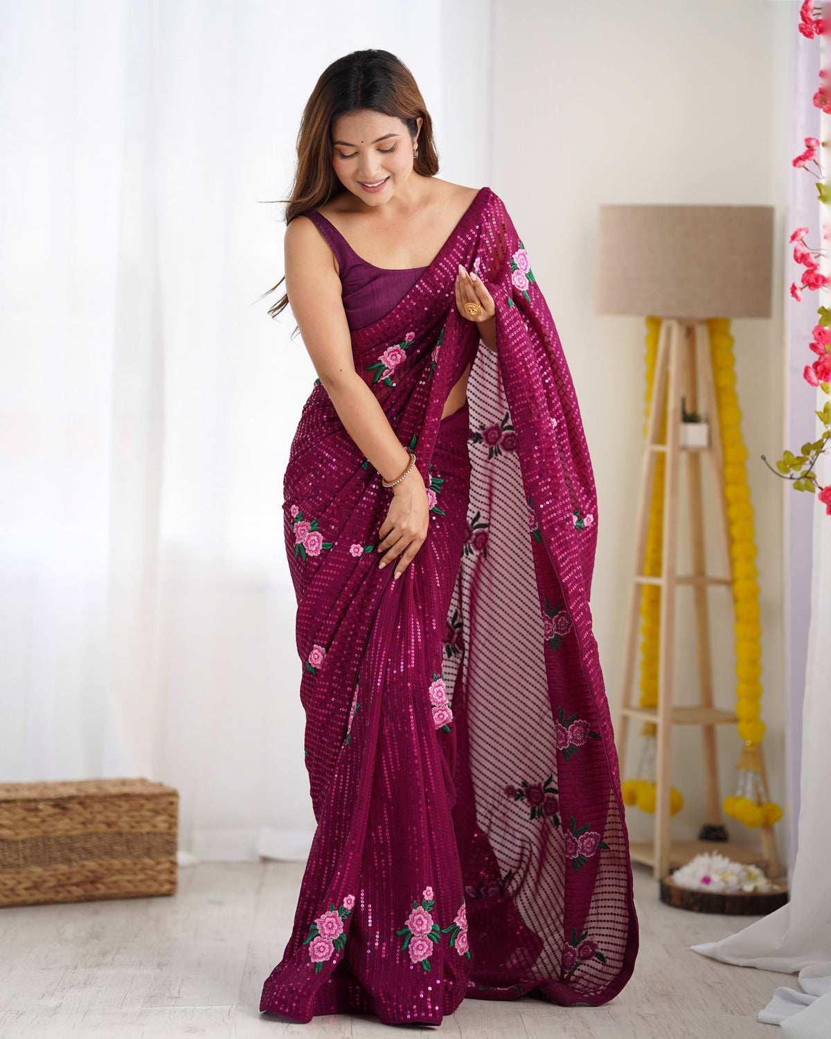 Purple Georgette Thread Sequins Embroidered Saree