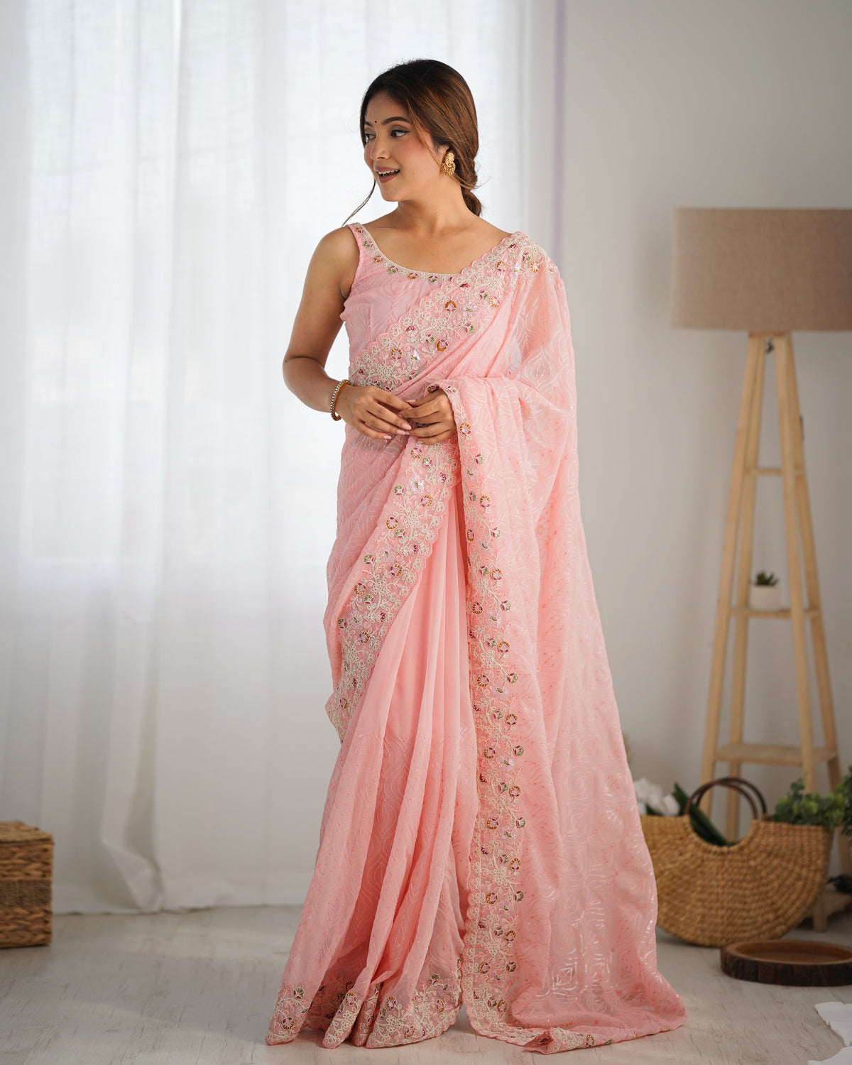 Pink Georgette Coding Sequins Embroidered Saree