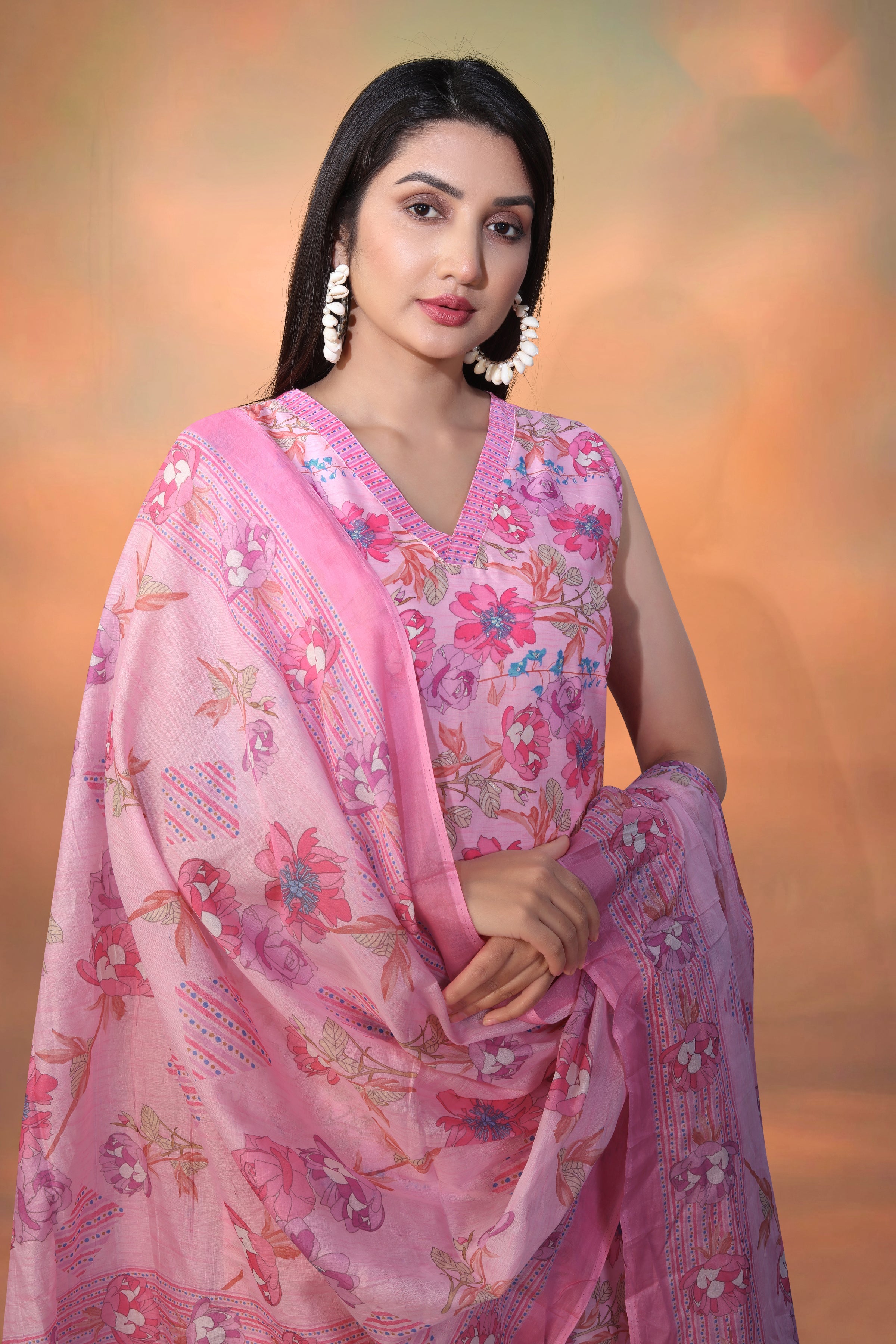 Pink Cambric Cotton Foil Printed  Kurti With Pant Dupatta