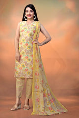 Yellow Cambric Cotton Foil Printed  Kurti With Pant Dupatta