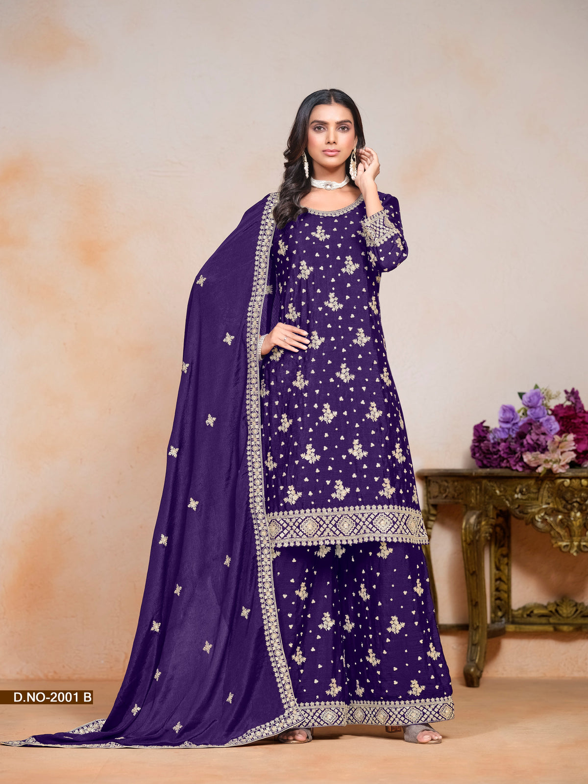 Purple Chinon Sequins Embroidered  Kurti With Pant Dupatta