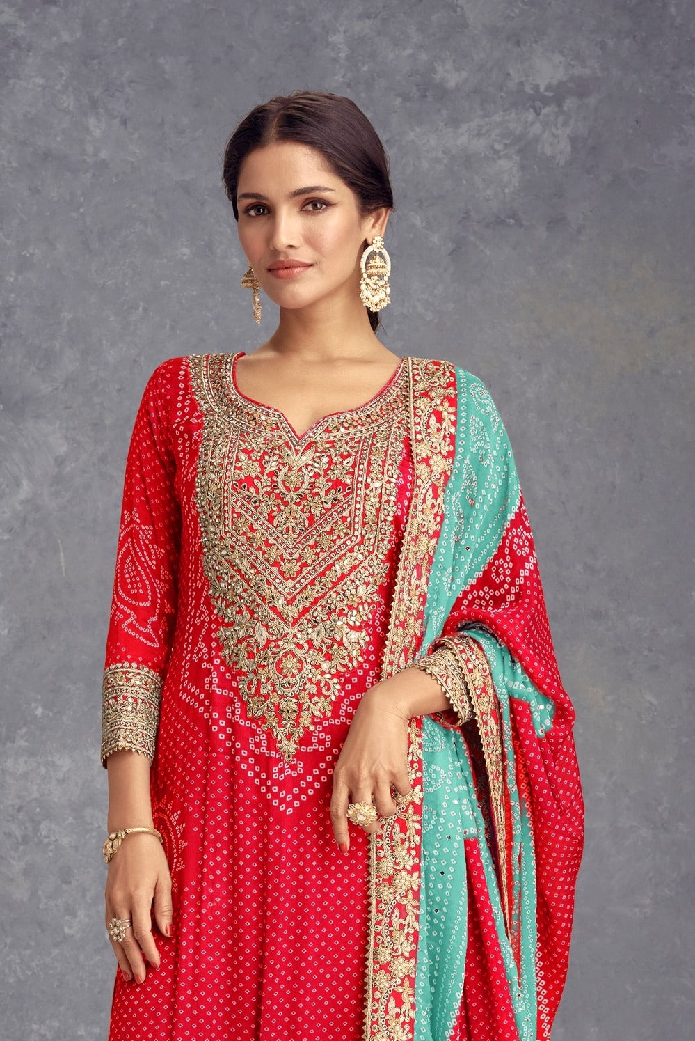 Red Chinon Bandhani Embroidered  Kurti With Sharara Dupatta