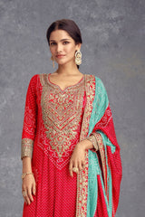 Red Chinon Bandhani Embroidered  Kurti With Sharara Dupatta