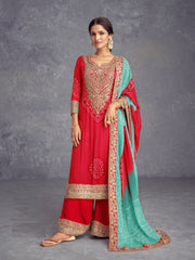 Red Chinon Bandhani Embroidered  Kurti With Sharara Dupatta