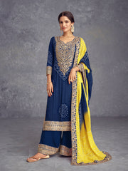 Blue Chinon Bandhani Embroidered  Kurti With Sharara Dupatta